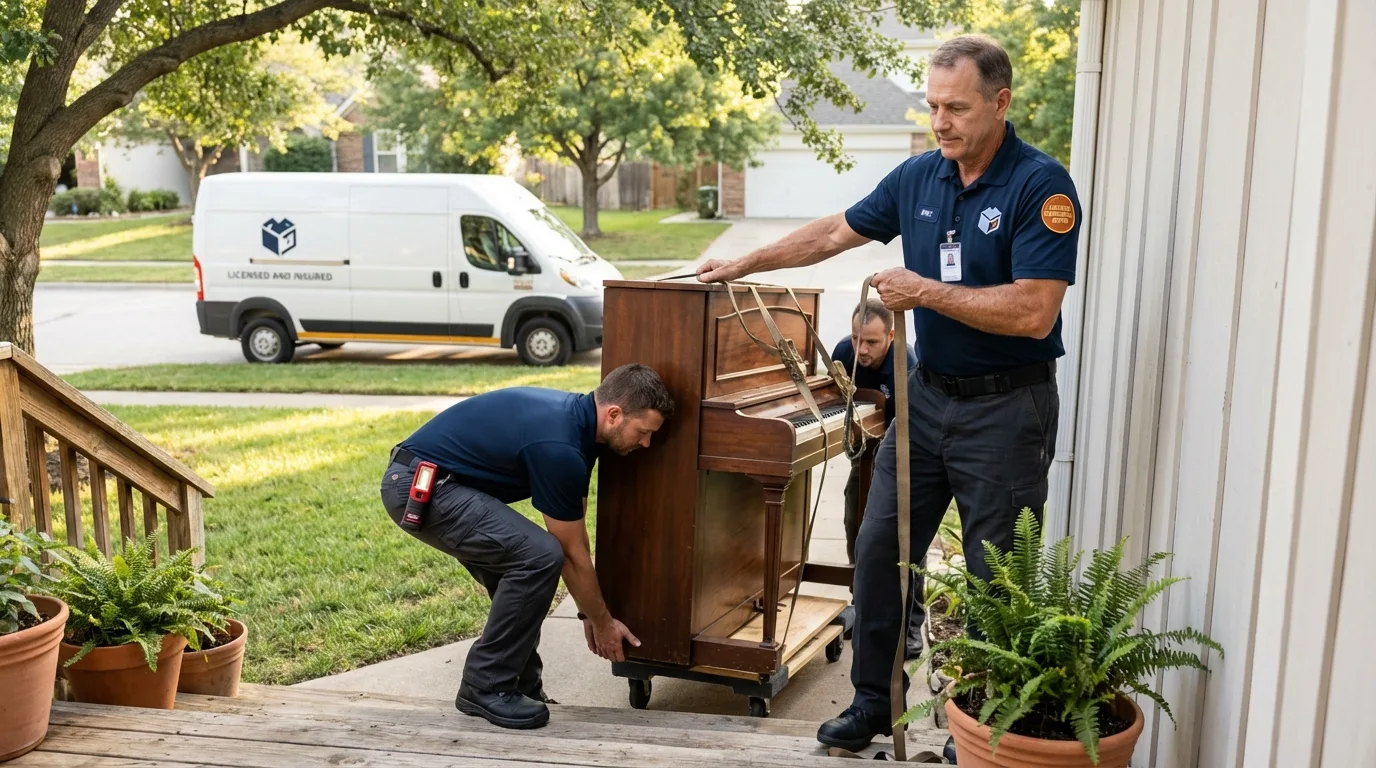 Licensed piano movers securing grand piano in Malabar, FL