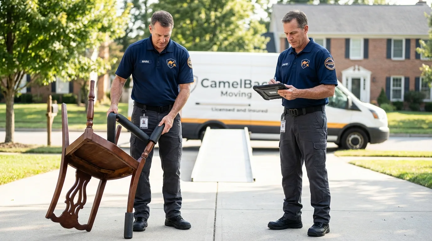 Movers inspecting furniture for damage prevention before loading in Malabar, FL